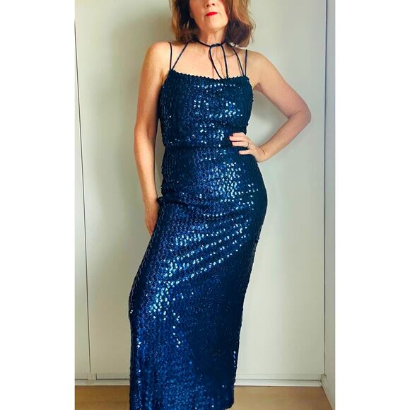 Vintage 80s Full Sequin Gown Size Medium Blue Full Length Fitted Party Made USA - Picture 8 of 9
